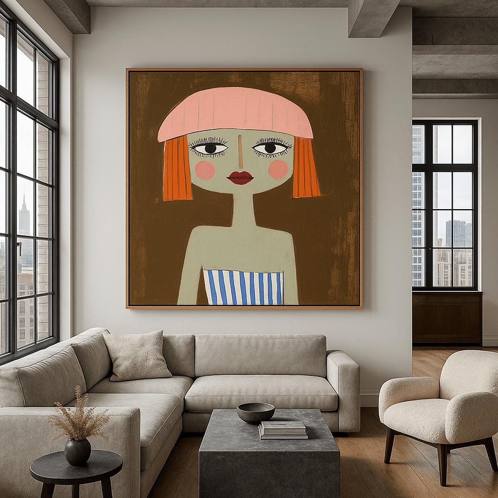 Canvas Print : "The Dreamer in Stripes" - Whimsical Female Portrait Minimalist Wall Art modern abstract canvas wall art by Rossetti Art – luxury interior design artwork for living room, bedroom, office – contemporary art piece Contemporary Canvas Art Contemporary canvas print