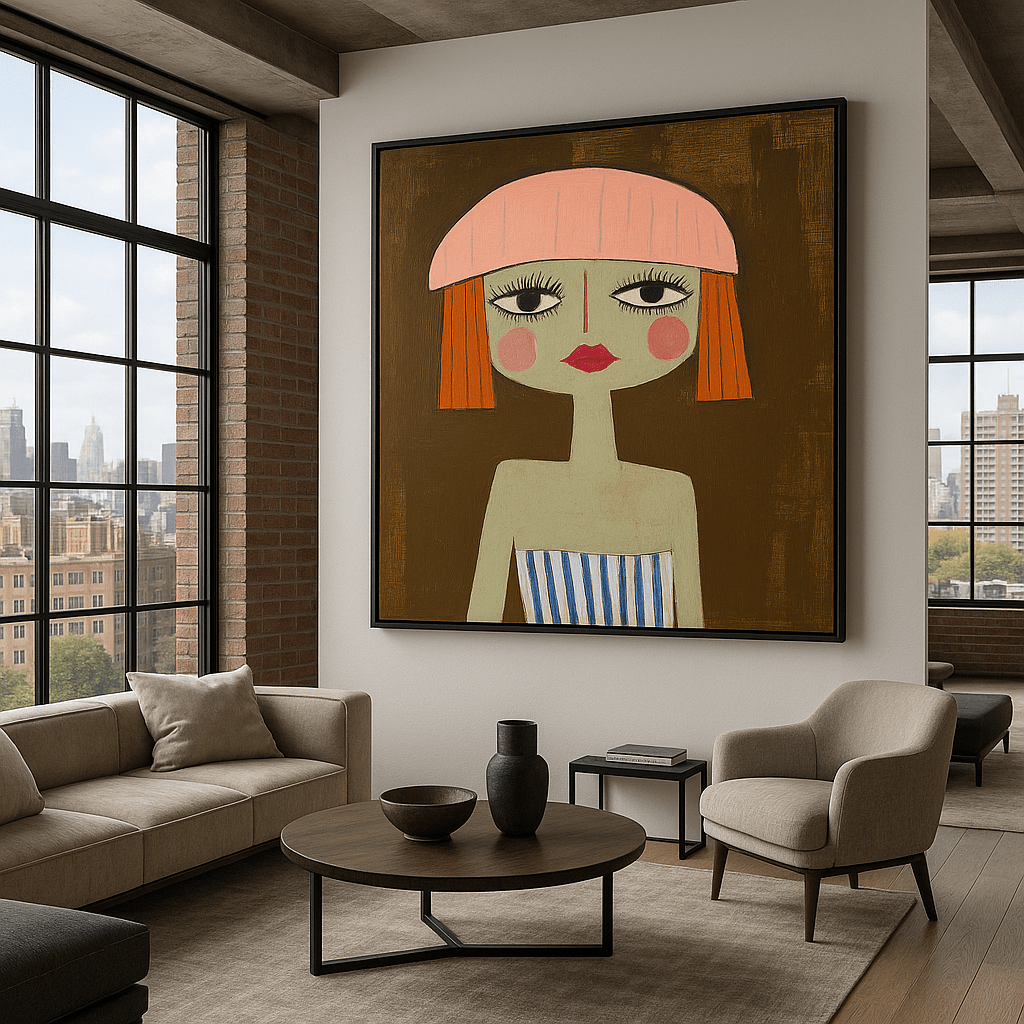 Canvas Print : "The Dreamer in Stripes" - Whimsical Female Portrait Minimalist Wall Art modern abstract canvas wall art by Rossetti Art – luxury interior design artwork for living room, bedroom, office – contemporary art piece Contemporary Canvas Art Contemporary canvas print