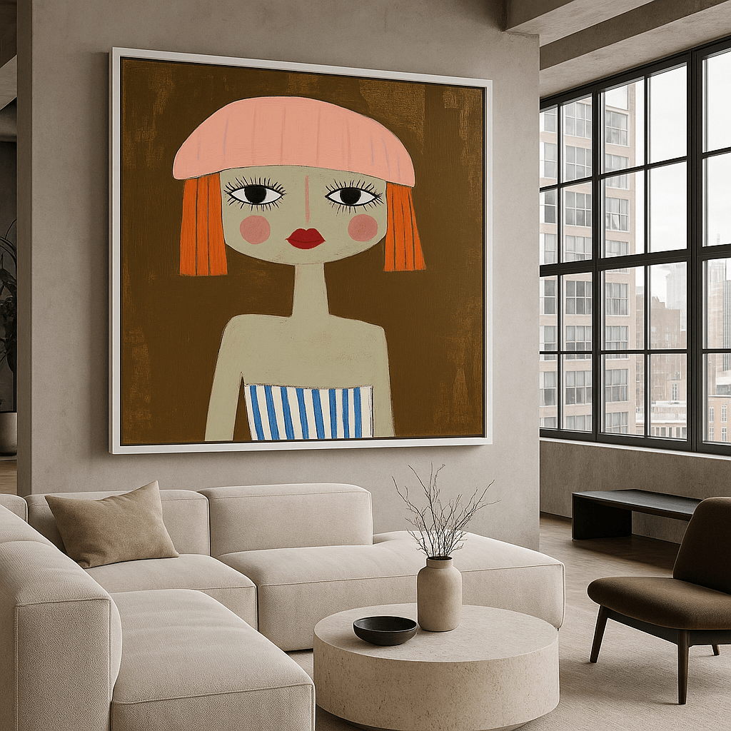 Canvas Print : "The Dreamer in Stripes" - Whimsical Female Portrait Minimalist Wall Art modern abstract canvas wall art by Rossetti Art – luxury interior design artwork for living room, bedroom, office – contemporary art piece Contemporary Canvas Art Contemporary canvas print