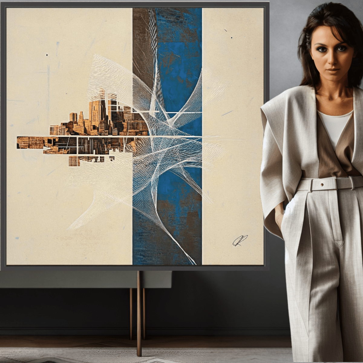 Canvas Print: Urban Echo Fragment – Abstract Skyline Art modern abstract canvas wall art by Rossetti Art – luxury interior design artwork for living room, bedroom, office – Abstract Skyline Painting Architectural Wall Decor Contemporary Cityscape Canvas