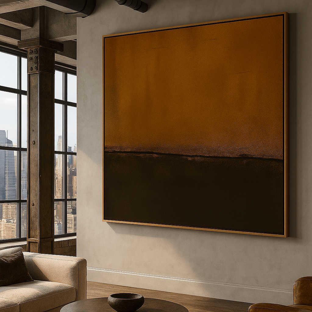 Canvas Print : Urban Serenity - Wabi Sabi Abstract Canvas in Modern Loft Interior | Rossetti Art modern abstract canvas wall art by Rossetti Art – luxury interior design artwork for living room, bedroom, office – horizontal art print horizontal canvas print horizontal canvas prints