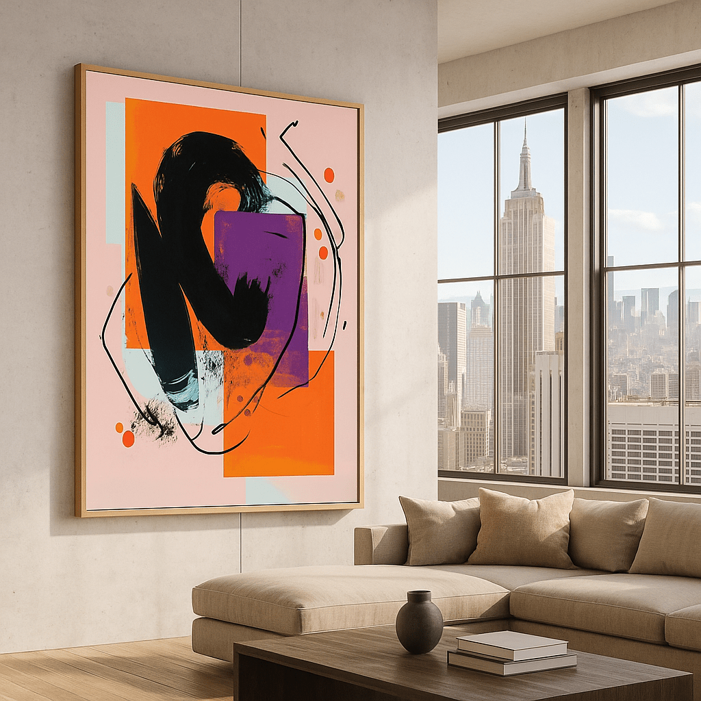 Canvas Print : Urban Vortex - Abstract Canvas Print - Bold Orange Purple Modern Wall Art for Home modern abstract canvas wall art by Rossetti Art – luxury interior design artwork for living room, bedroom, office – black and white feminine canvas Contemporary Art for Sale contemporary art piece