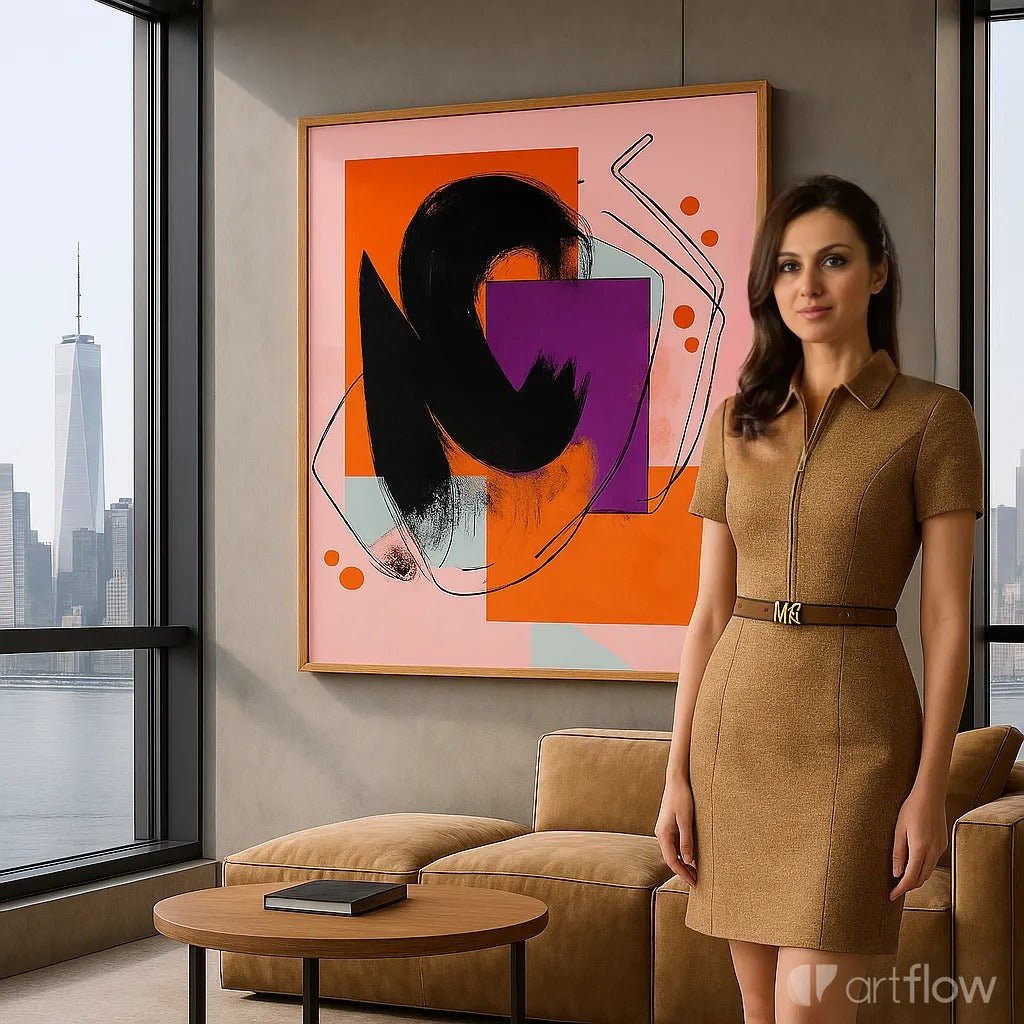 Canvas Print : Urban Vortex - Abstract Canvas Print - Bold Orange Purple Modern Wall Art for Home modern abstract canvas wall art by Rossetti Art – luxury interior design artwork for living room, bedroom, office – black and white feminine canvas Contemporary Art for Sale contemporary art piece