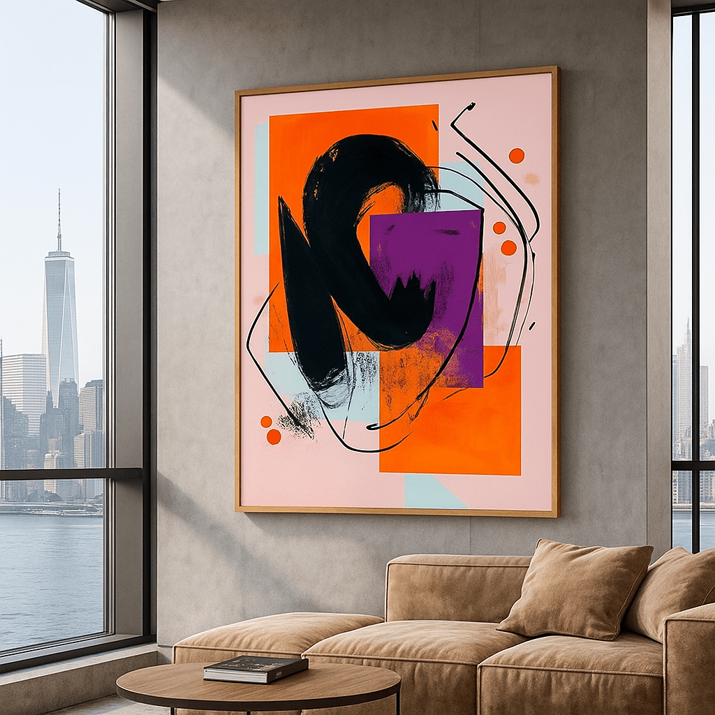 Canvas Print : Urban Vortex - Abstract Canvas Print - Bold Orange Purple Modern Wall Art for Home modern abstract canvas wall art by Rossetti Art – luxury interior design artwork for living room, bedroom, office – black and white feminine canvas Contemporary Art for Sale contemporary art piece