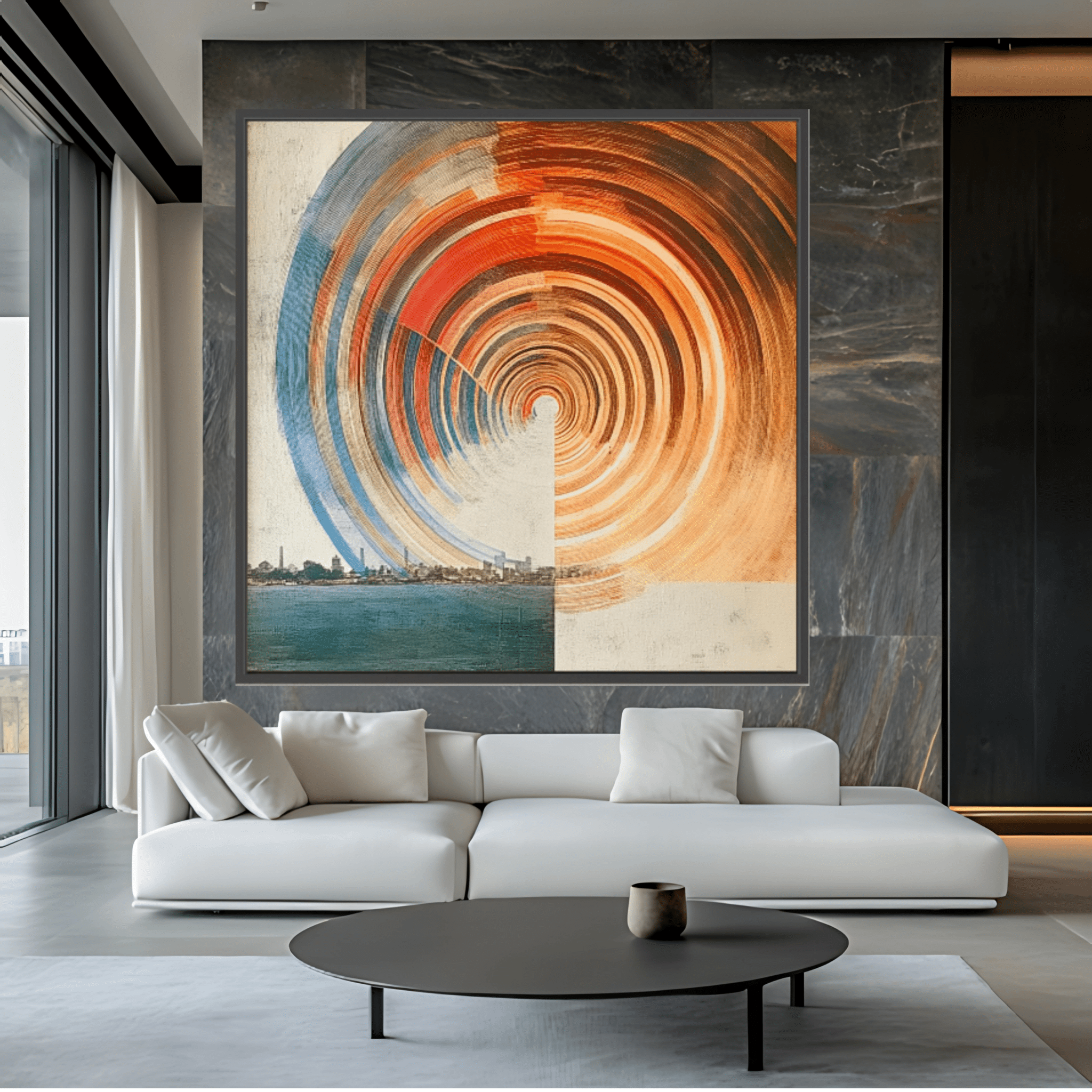 Canvas Print: "Urban Vortex" – Abstract Cityscape & Geometric Motion Art modern abstract canvas wall art by Rossetti Art – luxury interior design artwork for living room, bedroom, office – Contemporary Abstract Design Contemporary Art for Sale contemporary art piece