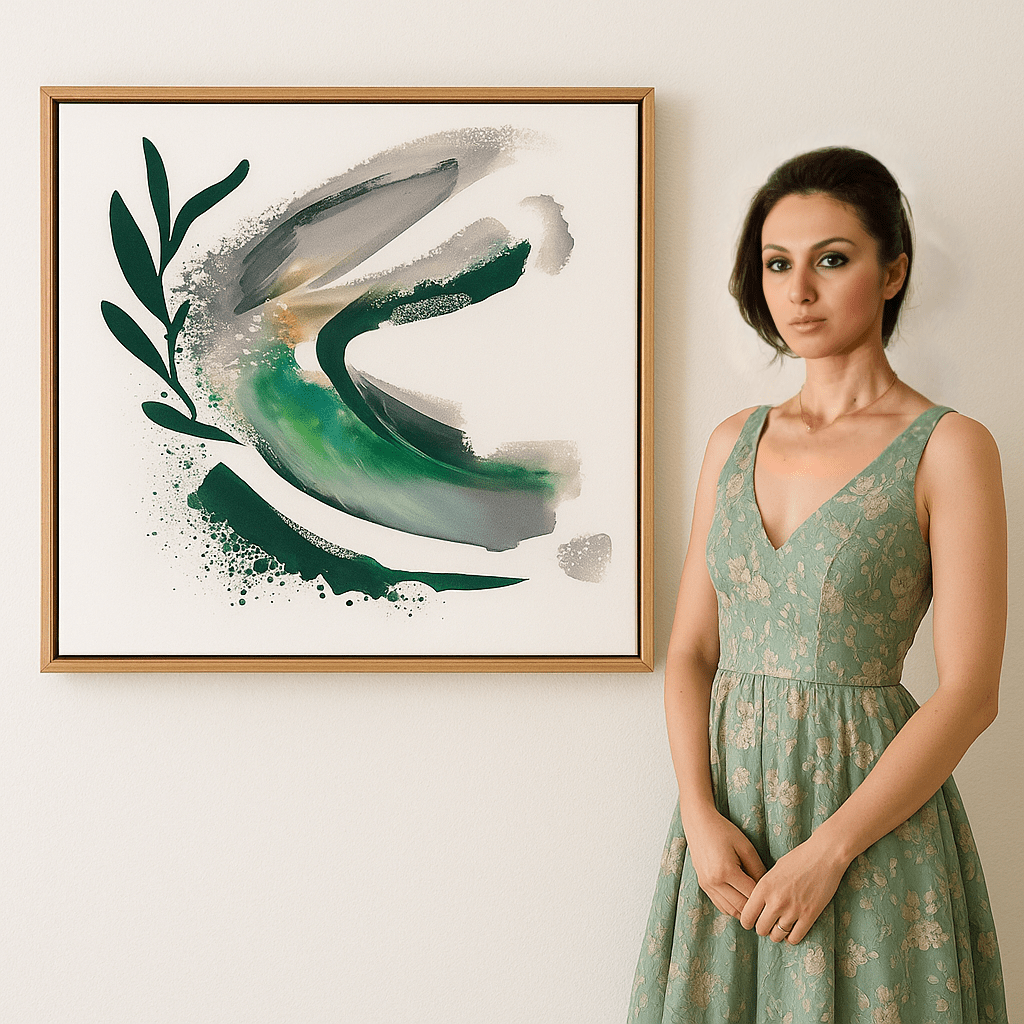 Emerald green abstract botanical canvas print styled beside a model in a matching sage green floral dress