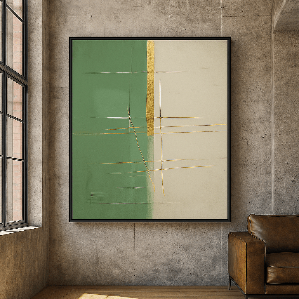 Canvas Print: Verdant Whisper - Green and Gold Abstract Canvas modern abstract canvas wall art by Rossetti Art – luxury interior design artwork for living room, bedroom, office – abstract wall art canvas print art Chiara Rossetti