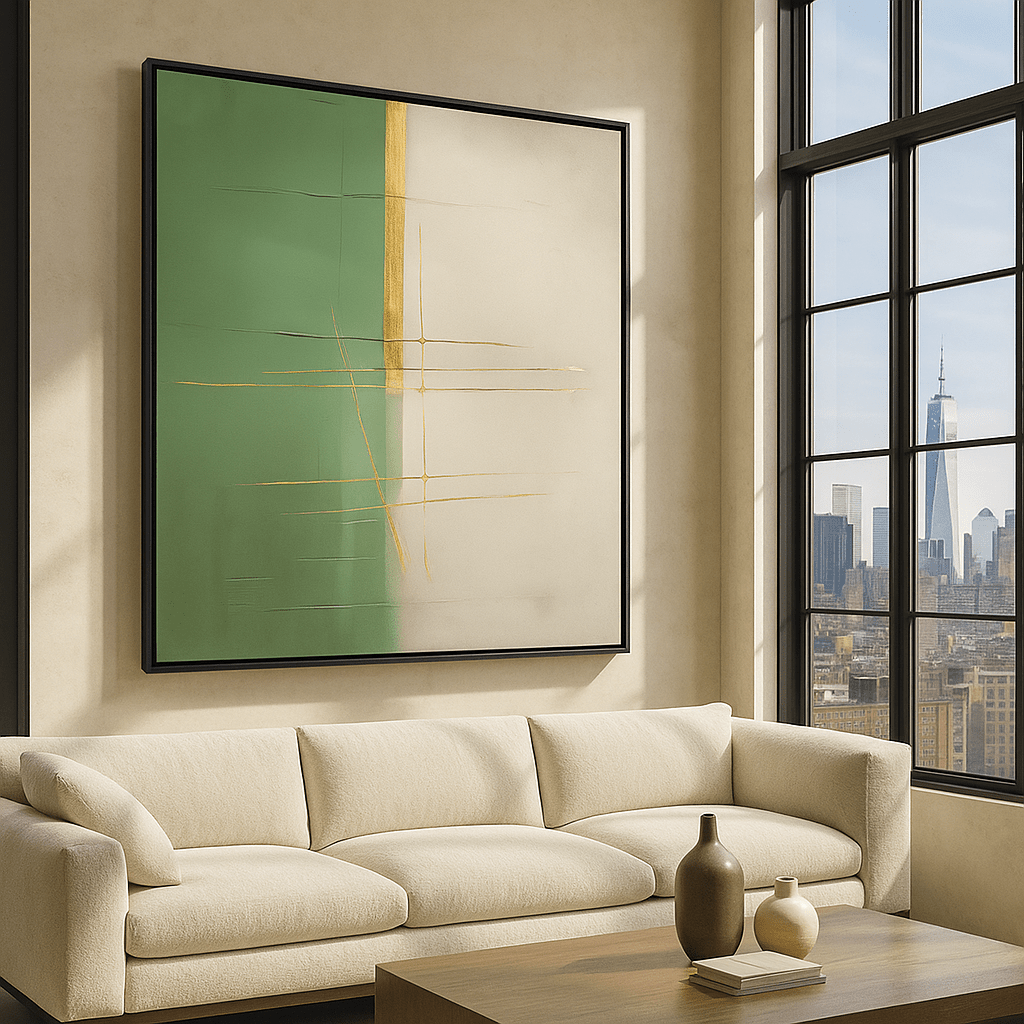 Canvas Print: Verdant Whisper - Green and Gold Abstract Canvas modern abstract canvas wall art by Rossetti Art – luxury interior design artwork for living room, bedroom, office – abstract wall art canvas print art Chiara Rossetti