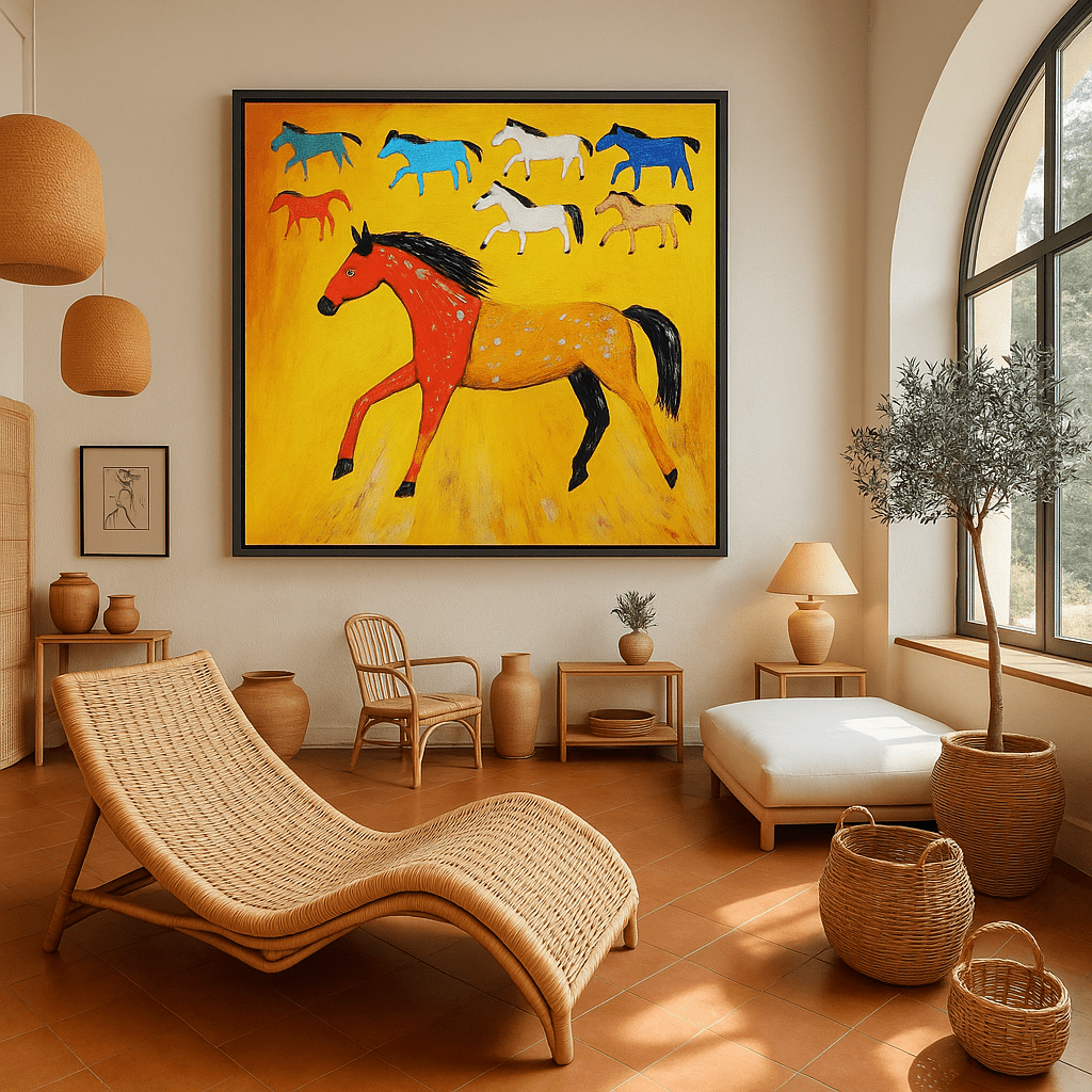 Canvas Print : Vibrant Horses - Colorful Horse Wall Art Print modern abstract canvas wall art by Rossetti Art – luxury interior design artwork for living room, bedroom, office – Abstract animal decor Artistic horse painting Contemporary animal art