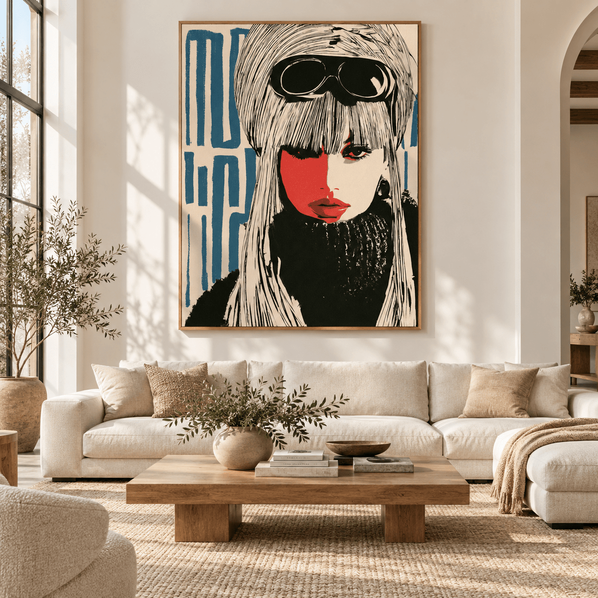 Vintage Fashion Wall Art Canvas Print – Alpine Muse by Rossetti Art above a sofa in a living room