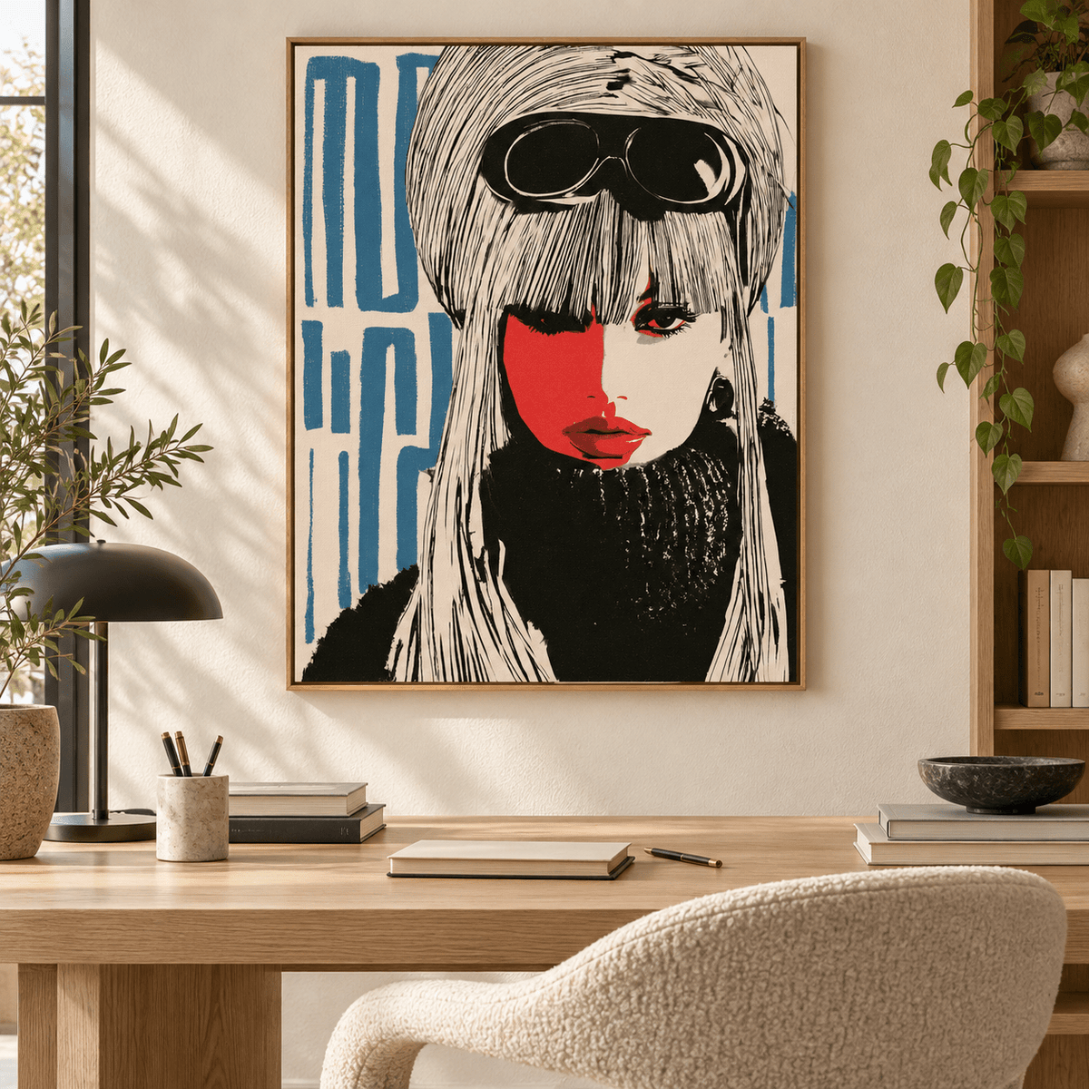 Vintage Fashion Wall Art – Alpine Muse by Rossetti Art above a desk in a home office
