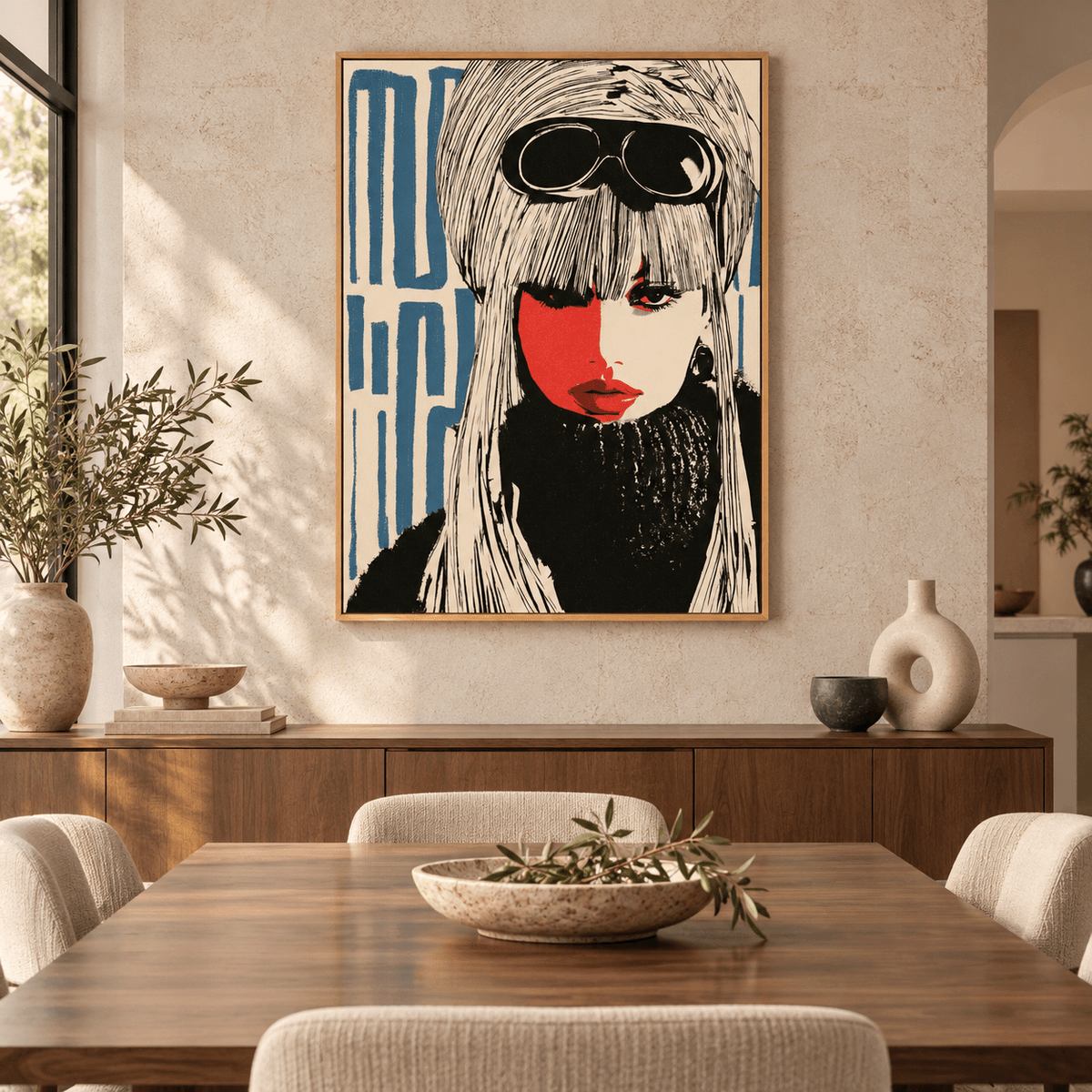 Vintage Fashion Wall Art – Alpine Muse by Rossetti Art above a sideboard in a dining room