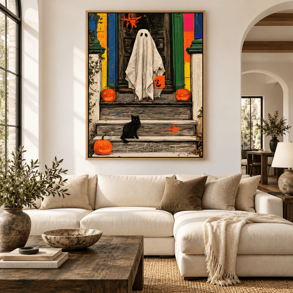 Vintage Halloween Wall Art – The Porch Visitor ghost canvas print in a living room by Rossetti Art