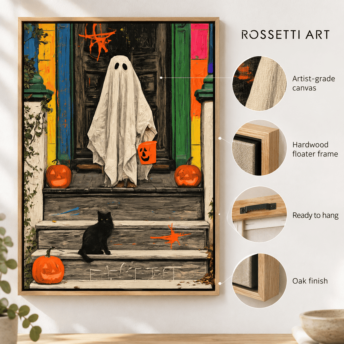 Vintage Halloween Wall Art – The Porch Visitor ghost and pumpkin painting by Rossetti Art