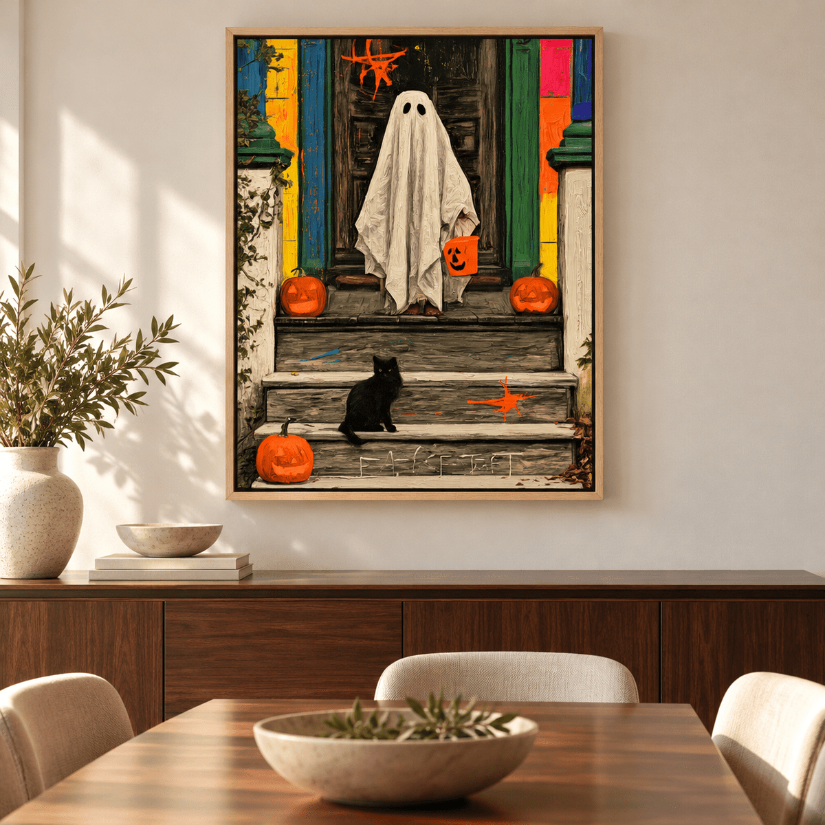 Vintage Halloween Wall Art – The Porch Visitor ghost print in a dining room by Rossetti Art