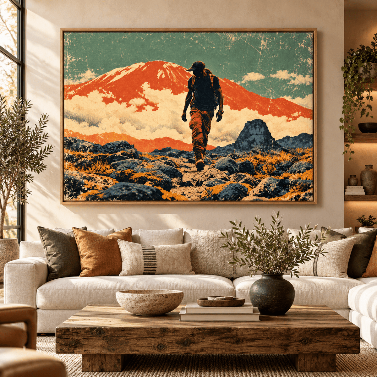 Vintage Mountain Poster Canvas Print – Summit Trail framed above a cream sofa by Rossetti Art