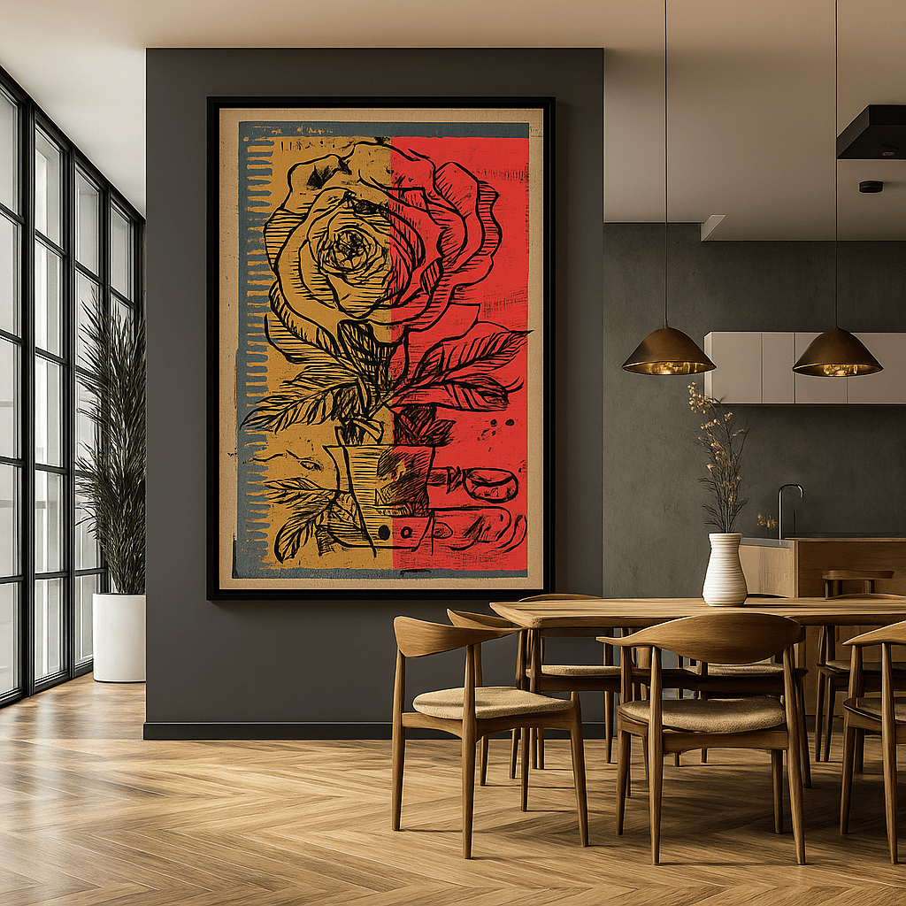 Canvas Print : Vintage Rose Reverie – Botanical Line Art Canvas Print in Red, Gold & Teal modern abstract canvas wall art by Rossetti Art – luxury interior design artwork for living room, bedroom, office – large abstract art large canvas artwork large geometric wall art for living room