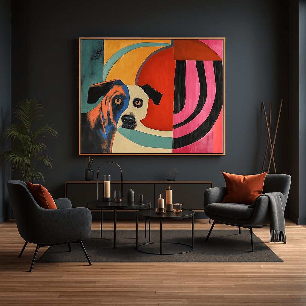 Canvas Print : Vivid Canine Expression - Abstract Dog Painting on Canvas modern abstract canvas wall art by Rossetti Art – luxury interior design artwork for living room, bedroom, office – Abstract animal decor Contemporary animal art dog portrait pop art