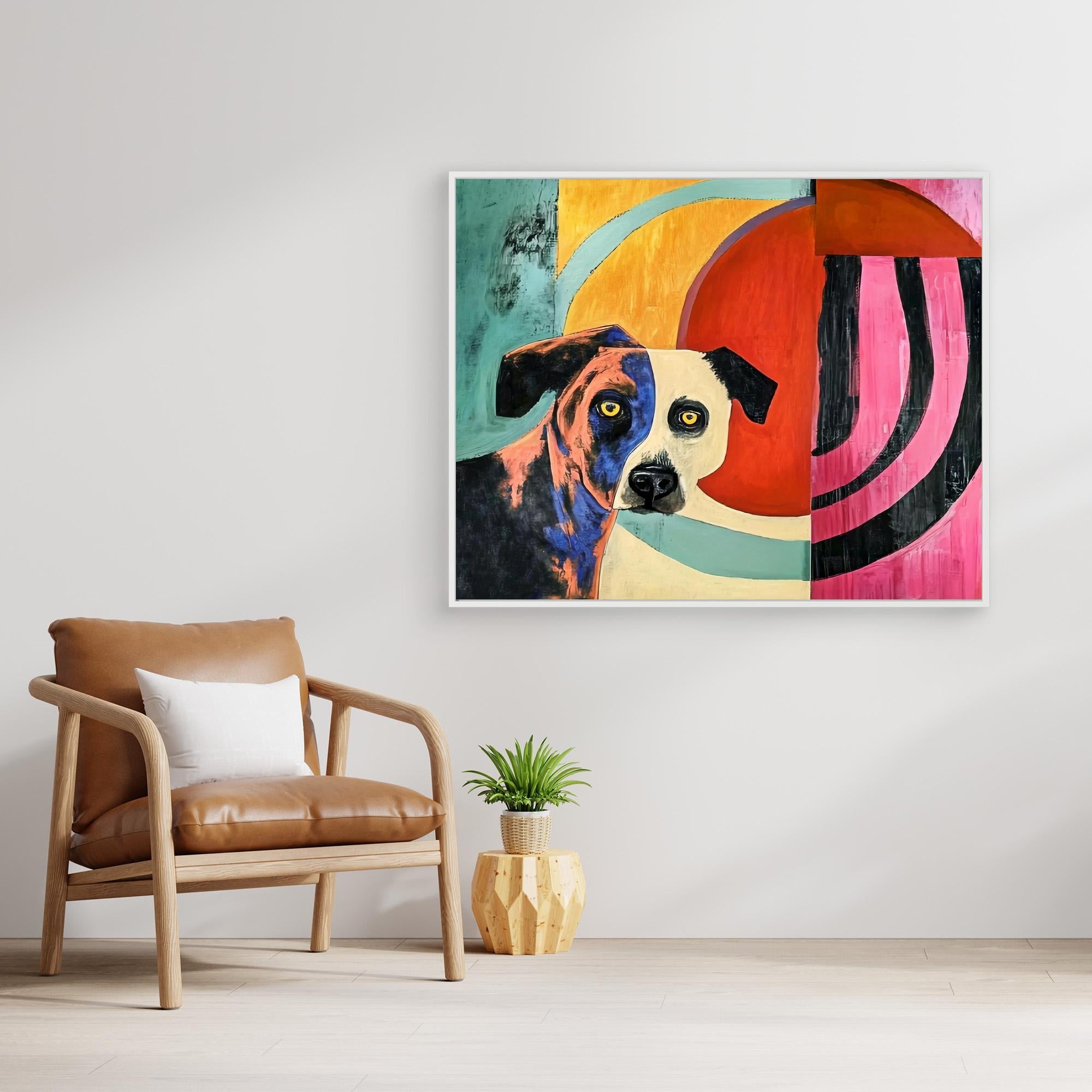 Canvas Print : Vivid Canine Expression - Abstract Dog Painting on Canvas modern abstract canvas wall art by Rossetti Art – luxury interior design artwork for living room, bedroom, office – Abstract animal decor Contemporary animal art dog portrait pop art