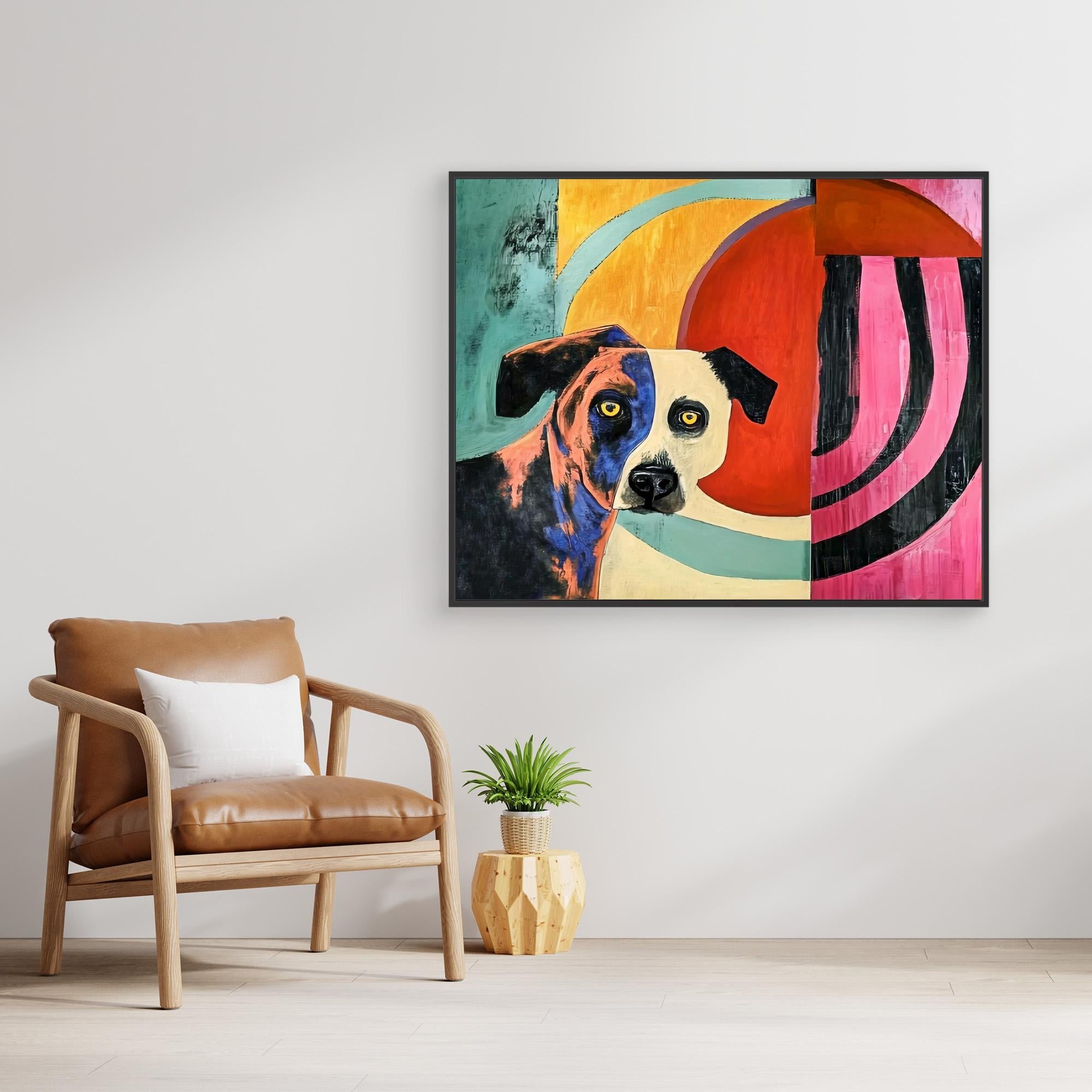 Canvas Print : Vivid Canine Expression - Abstract Dog Painting on Canvas modern abstract canvas wall art by Rossetti Art – luxury interior design artwork for living room, bedroom, office – Abstract animal decor Contemporary animal art dog portrait pop art