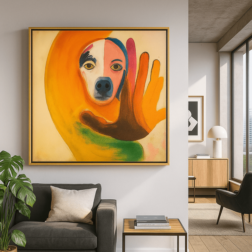 Canvas Print: "Vivid Reflection - Abstract Dog Portrait Art" modern abstract canvas wall art by Rossetti Art – luxury interior design artwork for living room, bedroom, office – Abstract Dog Canvas Bold Animal Art Pet Portrait Wall Art