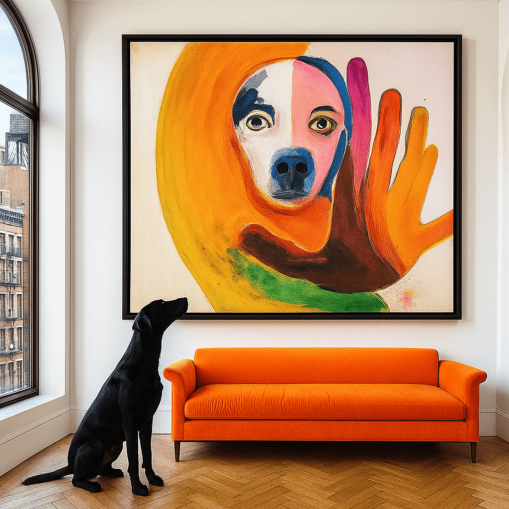 Canvas Print: "Vivid Reflection - Abstract Dog Portrait Art" modern abstract canvas wall art by Rossetti Art – luxury interior design artwork for living room, bedroom, office – Abstract Dog Canvas Bold Animal Art Pet Portrait Wall Art