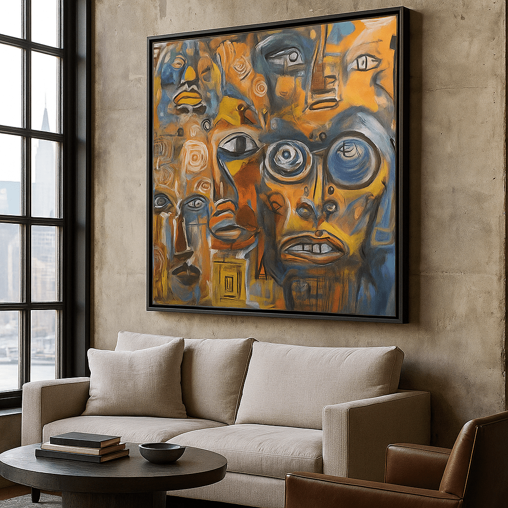 Canvas Print: Voices of Color – Abstract Faces Canvas Print in Bold Orange and Blue for Contemporary Homes modern abstract canvas wall art by Rossetti Art – luxury interior design artwork for living room, bedroom, office – abstract wall art canvas print art Chiara Rossetti