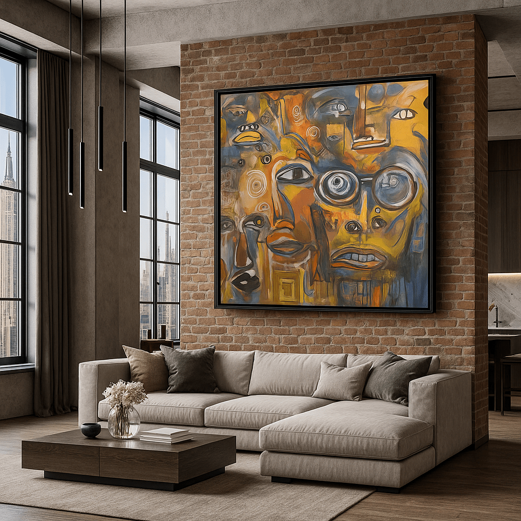 Canvas Print: Voices of Color – Abstract Faces Canvas Print in Bold Orange and Blue for Contemporary Homes modern abstract canvas wall art by Rossetti Art – luxury interior design artwork for living room, bedroom, office – abstract wall art canvas print art Chiara Rossetti