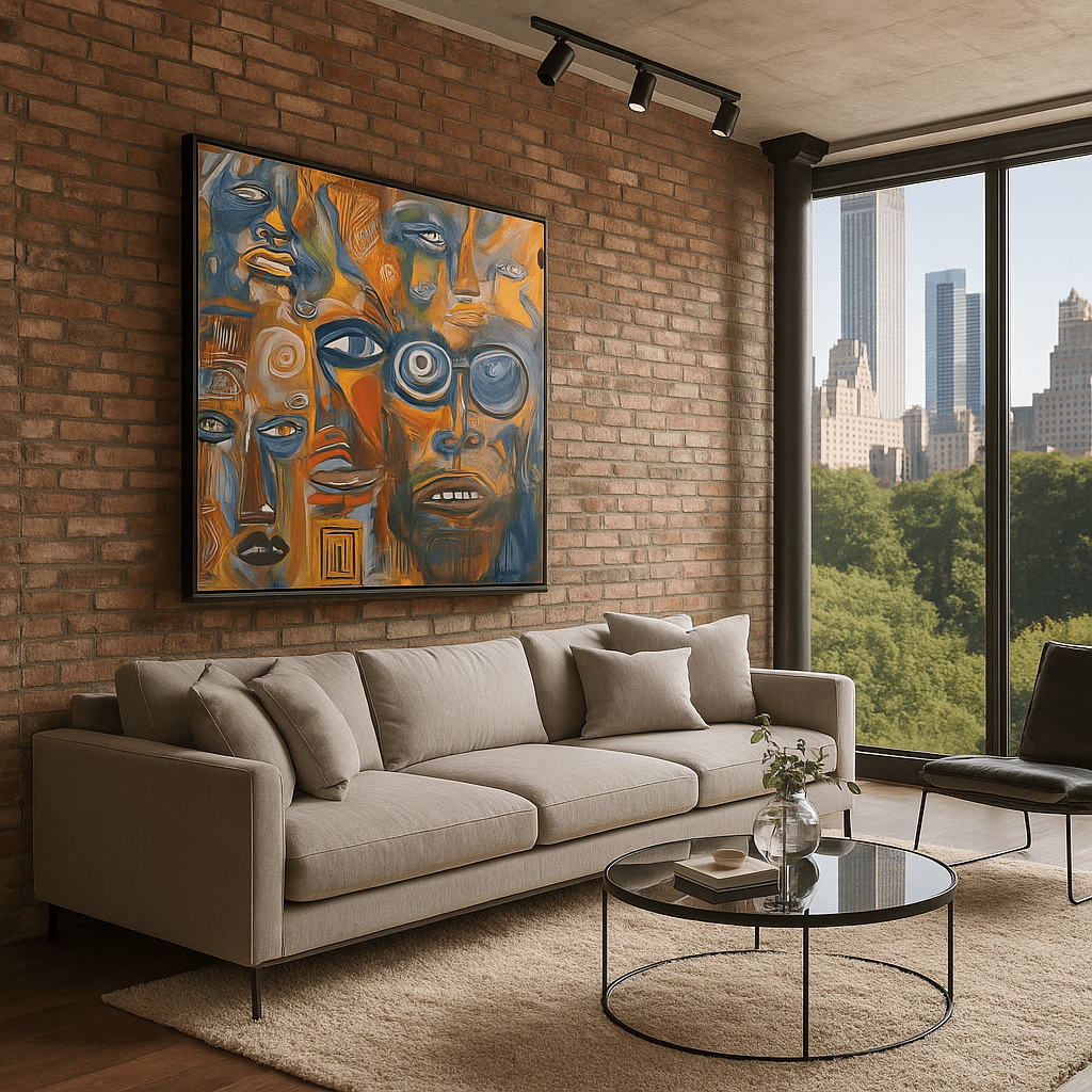 Canvas Print: Voices of Color – Abstract Faces Canvas Print in Bold Orange and Blue for Contemporary Homes modern abstract canvas wall art by Rossetti Art – luxury interior design artwork for living room, bedroom, office – abstract wall art canvas print art Chiara Rossetti