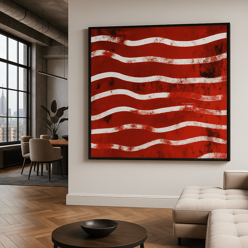 Canvas Print : "Waves of Passion" - Line Abstract Wall Art Print modern abstract canvas wall art by Rossetti Art – luxury interior design artwork for living room, bedroom, office – Abstract Red and White Wall Art contemporary art piece Contemporary Canvas Art