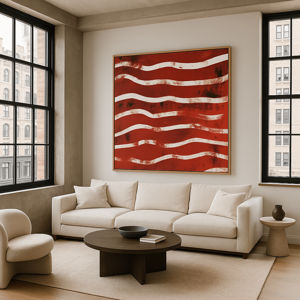 Canvas Print : "Waves of Passion" - Line Abstract Wall Art Print modern abstract canvas wall art by Rossetti Art – luxury interior design artwork for living room, bedroom, office – Abstract Red and White Wall Art contemporary art piece Contemporary Canvas Art