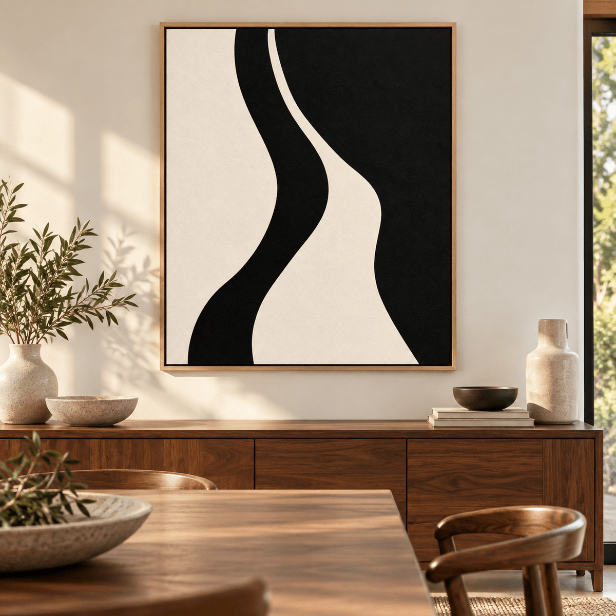 Wavy Wall Art – Slow River black S-curve with a floater frame by Rossetti Art