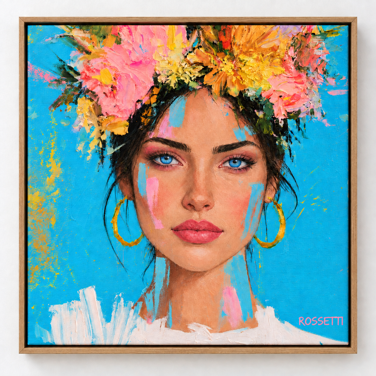 Woman With Flowers Painting Canvas Print — Azure Bloom modern abstract canvas wall art by Rossetti Art – luxury interior design artwork for living room, bedroom, office – Bedroom Canvas Prints Dining Room Wall Art figurative