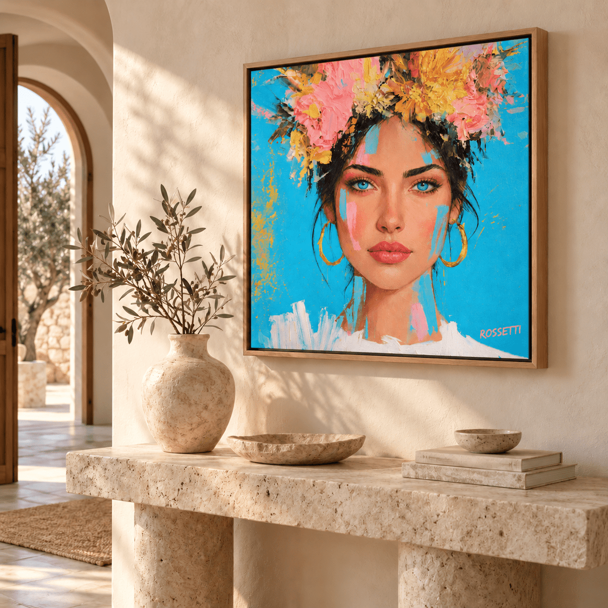 Woman With Flowers Painting Canvas Print — Azure Bloom modern abstract canvas wall art by Rossetti Art – luxury interior design artwork for living room, bedroom, office – Bedroom Canvas Prints Dining Room Wall Art figurative