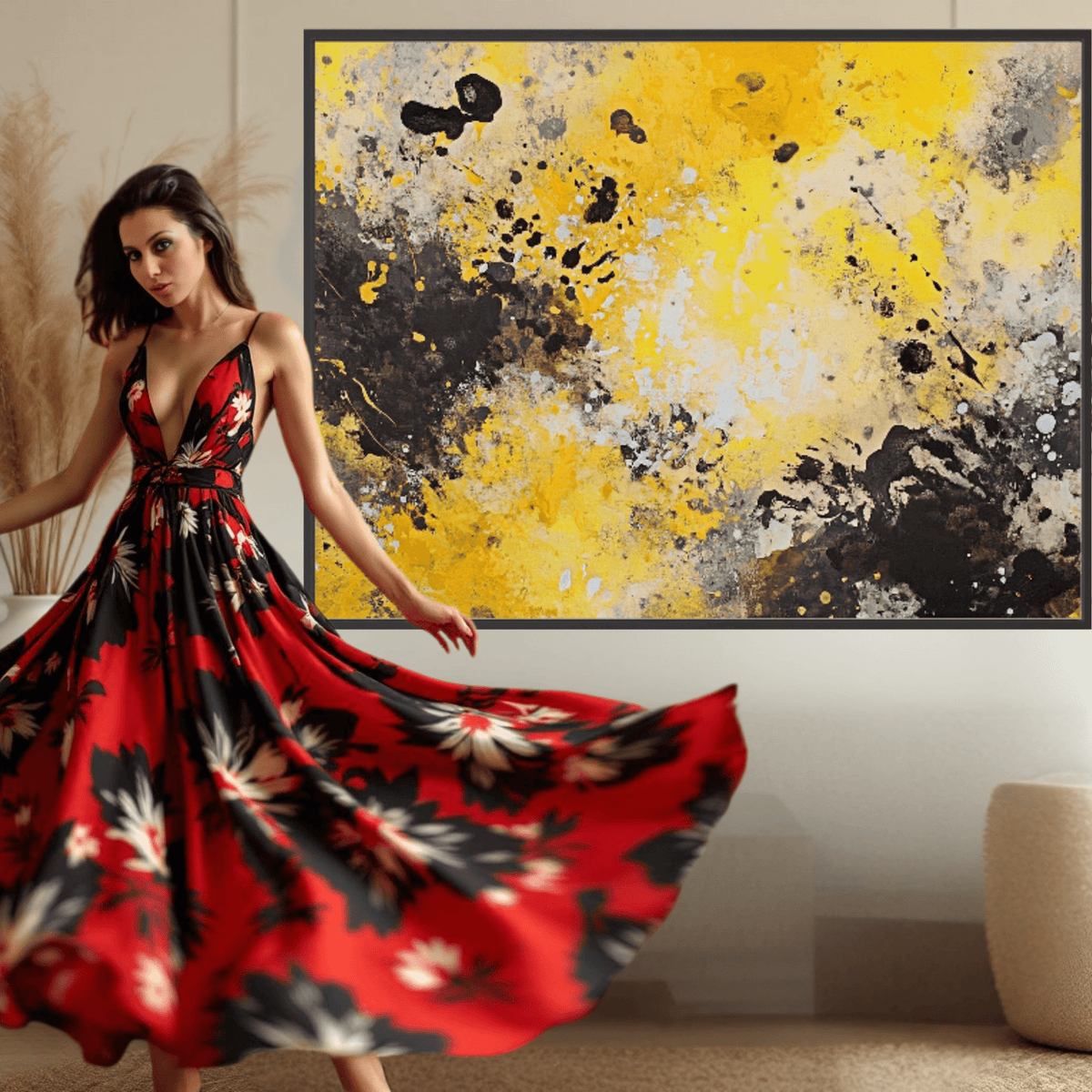 Canvas Print: "Yellow Chaos" - Abstract Splatter Art on Canvas modern abstract canvas wall art by Rossetti Art – luxury interior design artwork for living room, bedroom, office – Contemporary Art for Sale contemporary art piece Contemporary Canvas Art