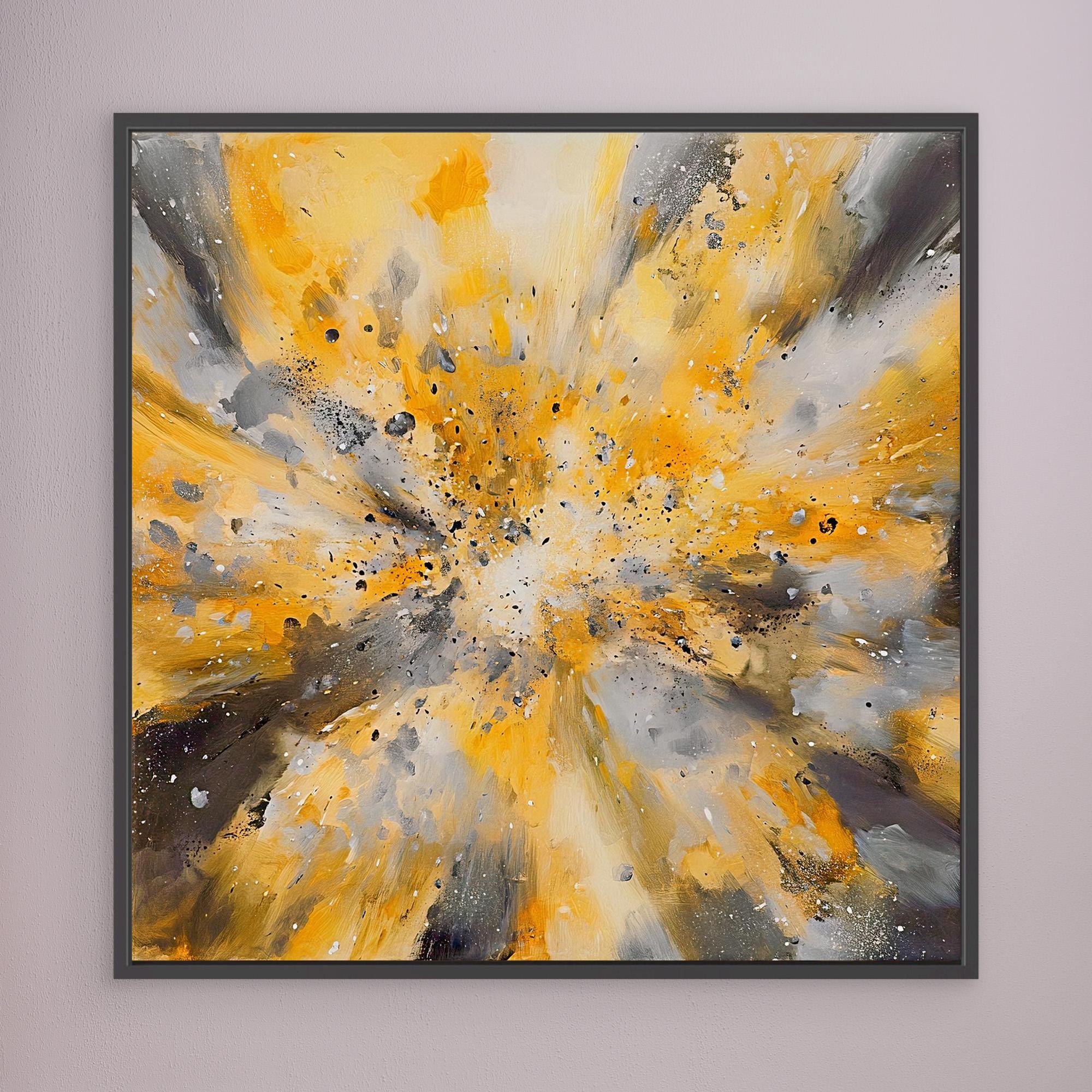 Canvas Print: "Yellow Golden Explosion" - Abstract Energy Burst Wall Art modern abstract canvas wall art by Rossetti Art – luxury interior design artwork for living room, bedroom, office – Abstract explosion canvas print Gold and black energy burst painting Large statement abstract canvas