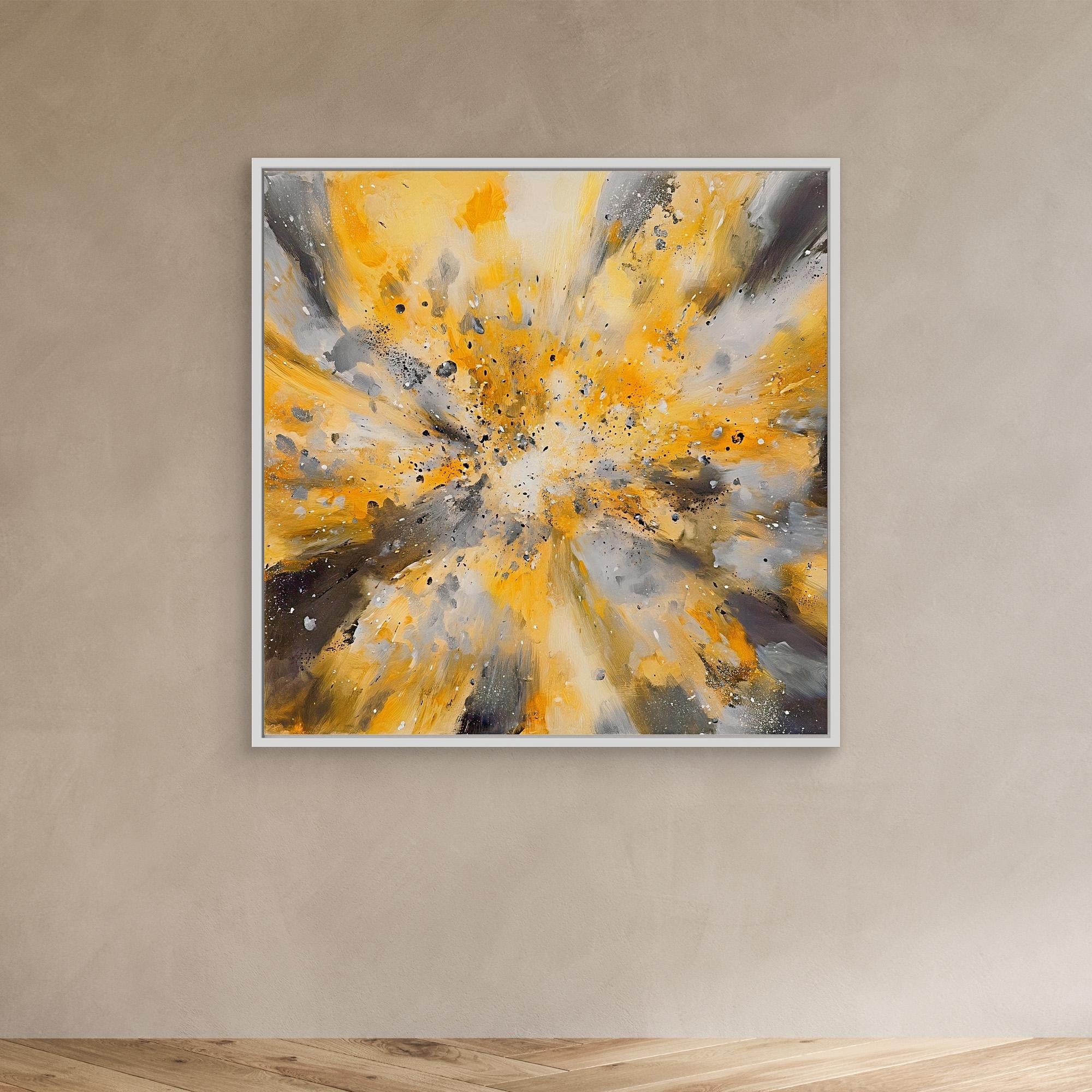 Canvas Print: "Yellow Golden Explosion" - Abstract Energy Burst Wall Art modern abstract canvas wall art by Rossetti Art – luxury interior design artwork for living room, bedroom, office – Abstract explosion canvas print Gold and black energy burst painting Large statement abstract canvas