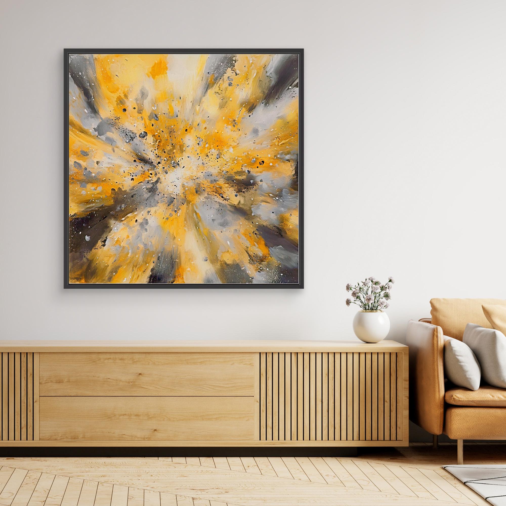 Canvas Print: "Yellow Golden Explosion" - Abstract Energy Burst Wall Art modern abstract canvas wall art by Rossetti Art – luxury interior design artwork for living room, bedroom, office – Abstract explosion canvas print Gold and black energy burst painting Large statement abstract canvas