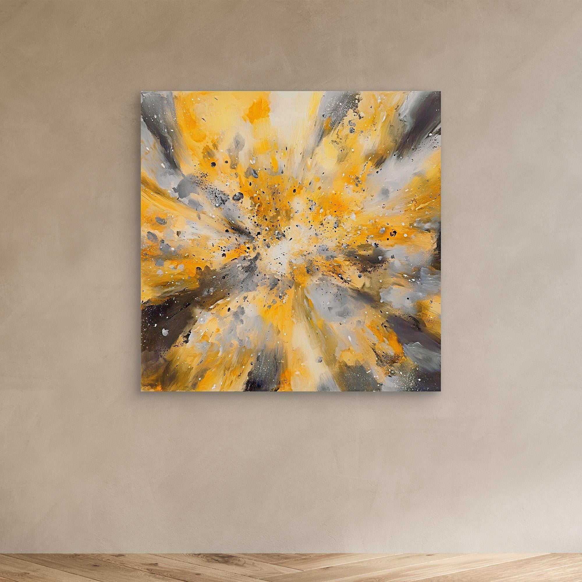 Canvas Print: "Yellow Golden Explosion" - Abstract Energy Burst Wall Art modern abstract canvas wall art by Rossetti Art – luxury interior design artwork for living room, bedroom, office – Abstract explosion canvas print Gold and black energy burst painting Large statement abstract canvas