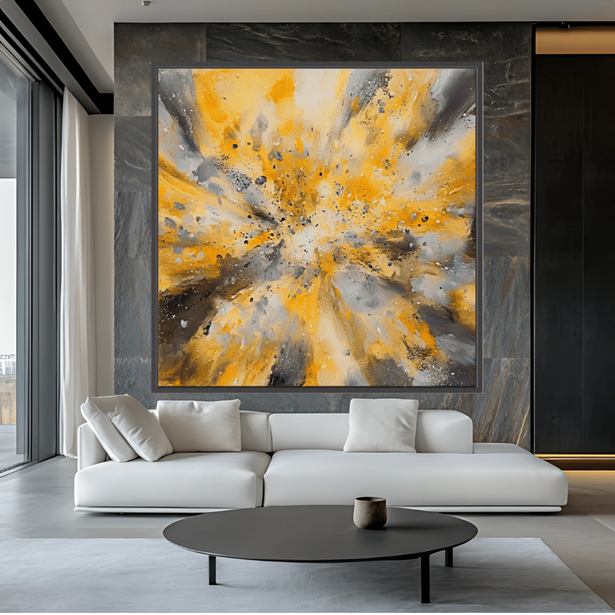 Canvas Print: "Yellow Golden Explosion" - Abstract Energy Burst Wall Art modern abstract canvas wall art by Rossetti Art – luxury interior design artwork for living room, bedroom, office – Abstract explosion canvas print Gold and black energy burst painting Large statement abstract canvas