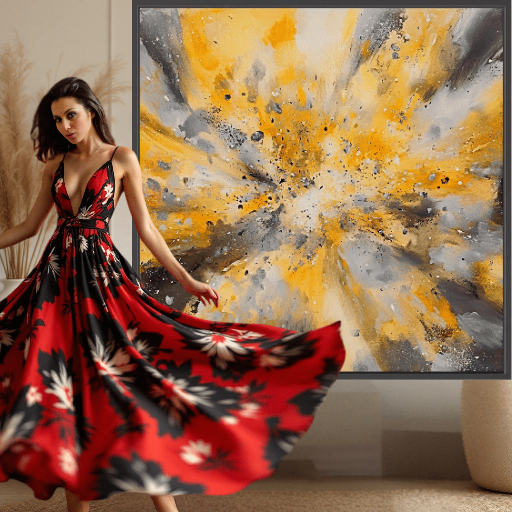 Canvas Print: "Yellow Golden Explosion" - Abstract Energy Burst Wall Art modern abstract canvas wall art by Rossetti Art – luxury interior design artwork for living room, bedroom, office – Abstract explosion canvas print Gold and black energy burst painting Large statement abstract canvas