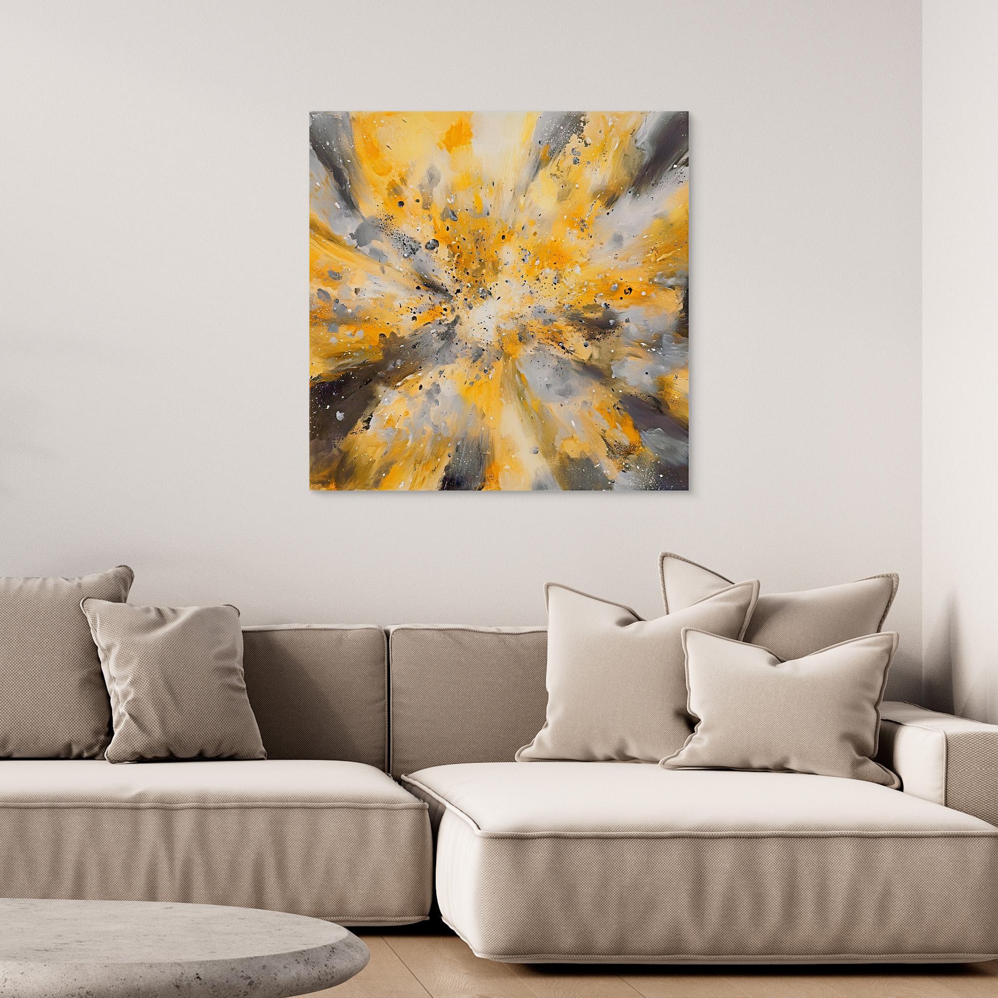 Canvas Print: "Yellow Golden Explosion" - Abstract Energy Burst Wall Art modern abstract canvas wall art by Rossetti Art – luxury interior design artwork for living room, bedroom, office – Abstract explosion canvas print Gold and black energy burst painting Large statement abstract canvas