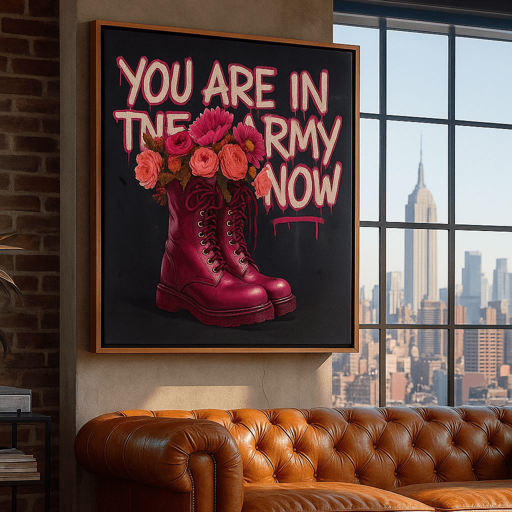 Canvas Print: You Are in the Army Now” – Bold Modern Graffiti Canvas Print with Pink Combat Boots & Flowers | Rossetti Art modern abstract canvas wall art by Rossetti Art – luxury interior design artwork for living room, bedroom, office – abstract wall art African silhouette canvas boho chic wall art