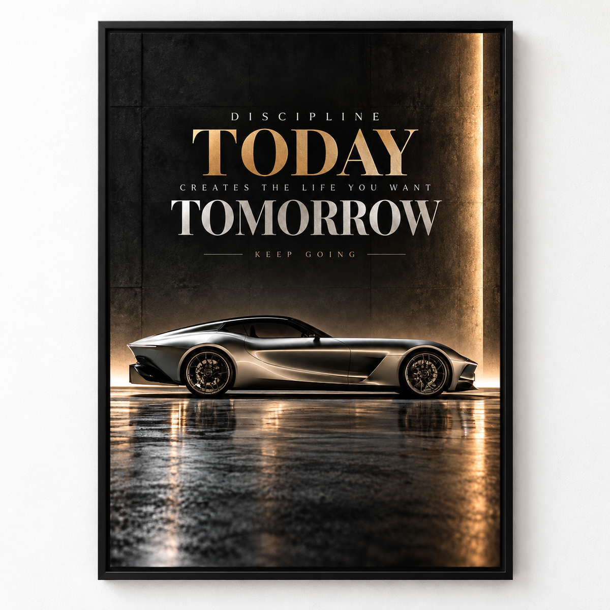 Car wall art – close-up of the glossy acrylic surface and black floater frame corner by Rossetti Art