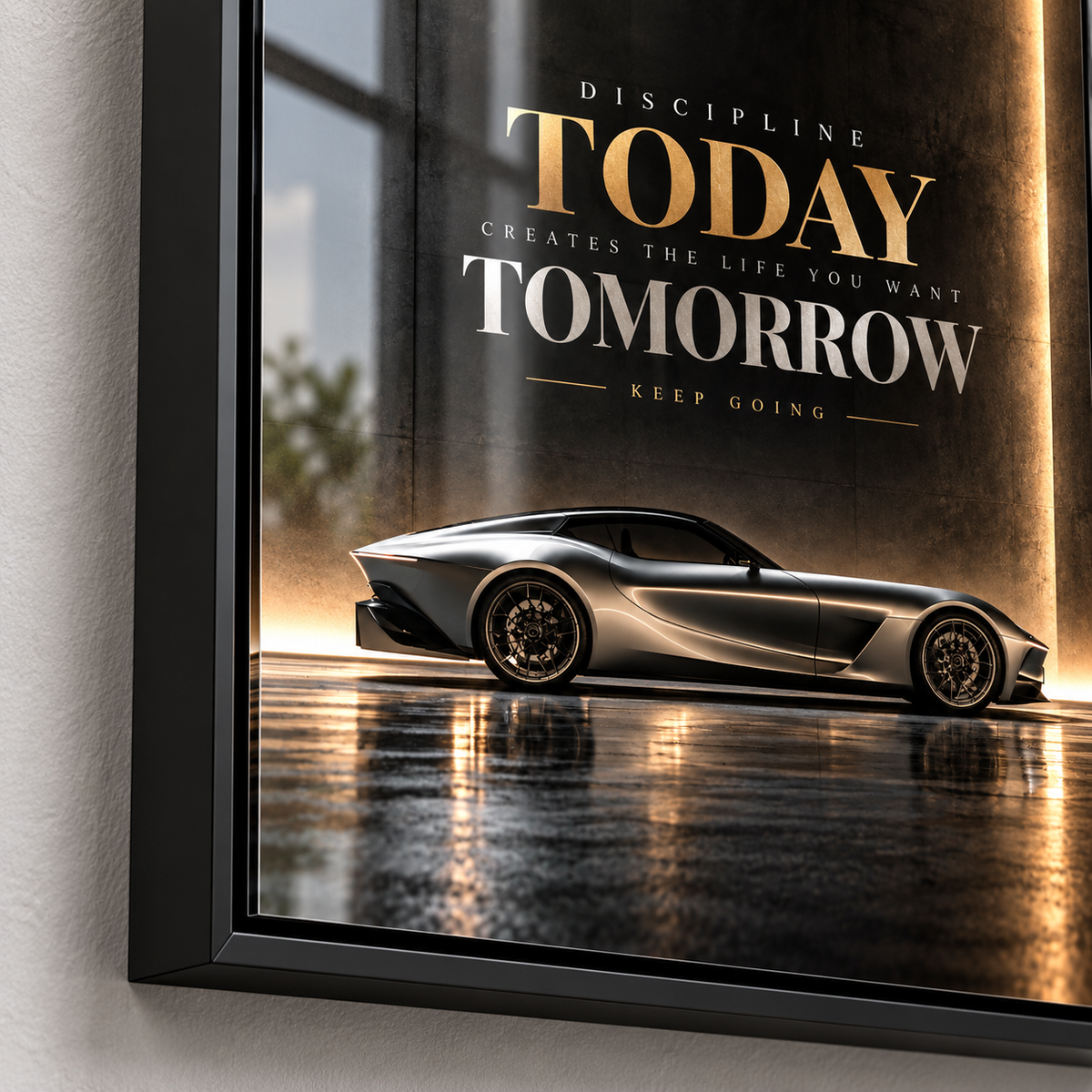 Car wall art – silver supercar acrylic print in a black frame above a desk in a home office by Rossetti Art