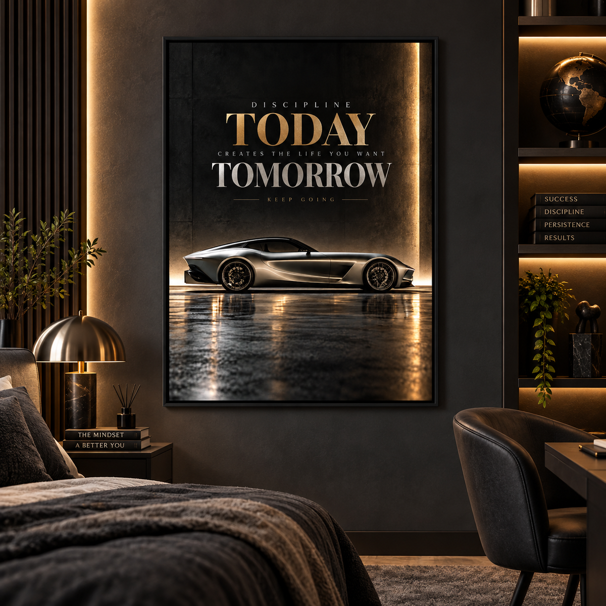 Car wall art – vertical silver supercar and gold quote acrylic print styled in a modern interior by Rossetti Art