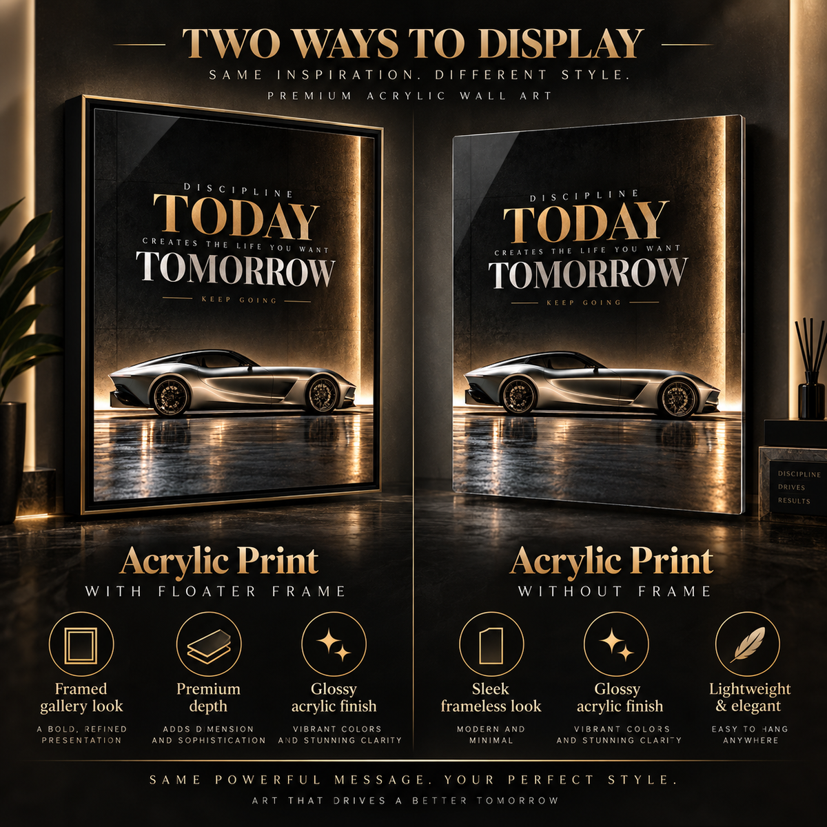 Car wall art – high-gloss silver supercar acrylic print on a wall, room mockup by Rossetti Art