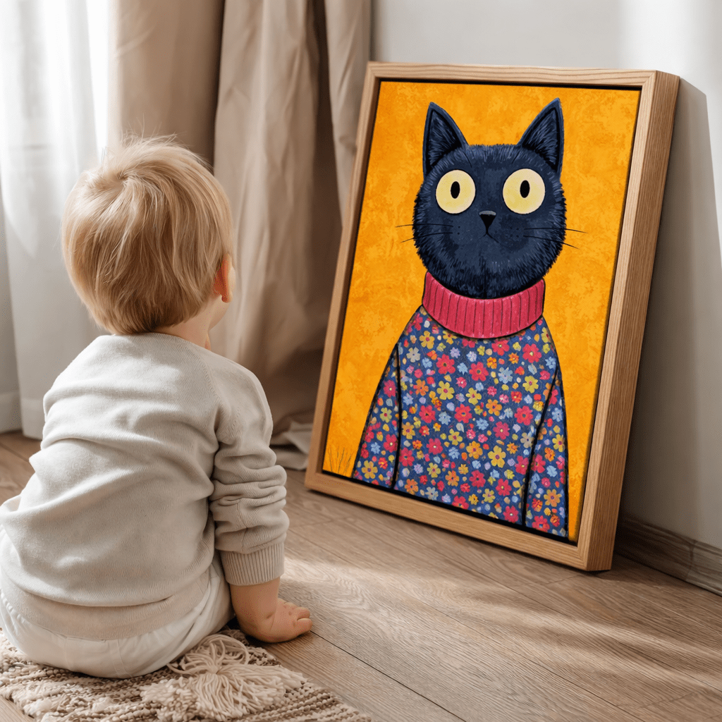 Cat Canvas Print Art – Colorful Whimsical Feline Portrait Wall Art for Modern Decor | Rossetti Art modern abstract canvas wall art by Rossetti Art – luxury interior design artwork for living room, bedroom, office – canvas print art Chiara Rossetti kids