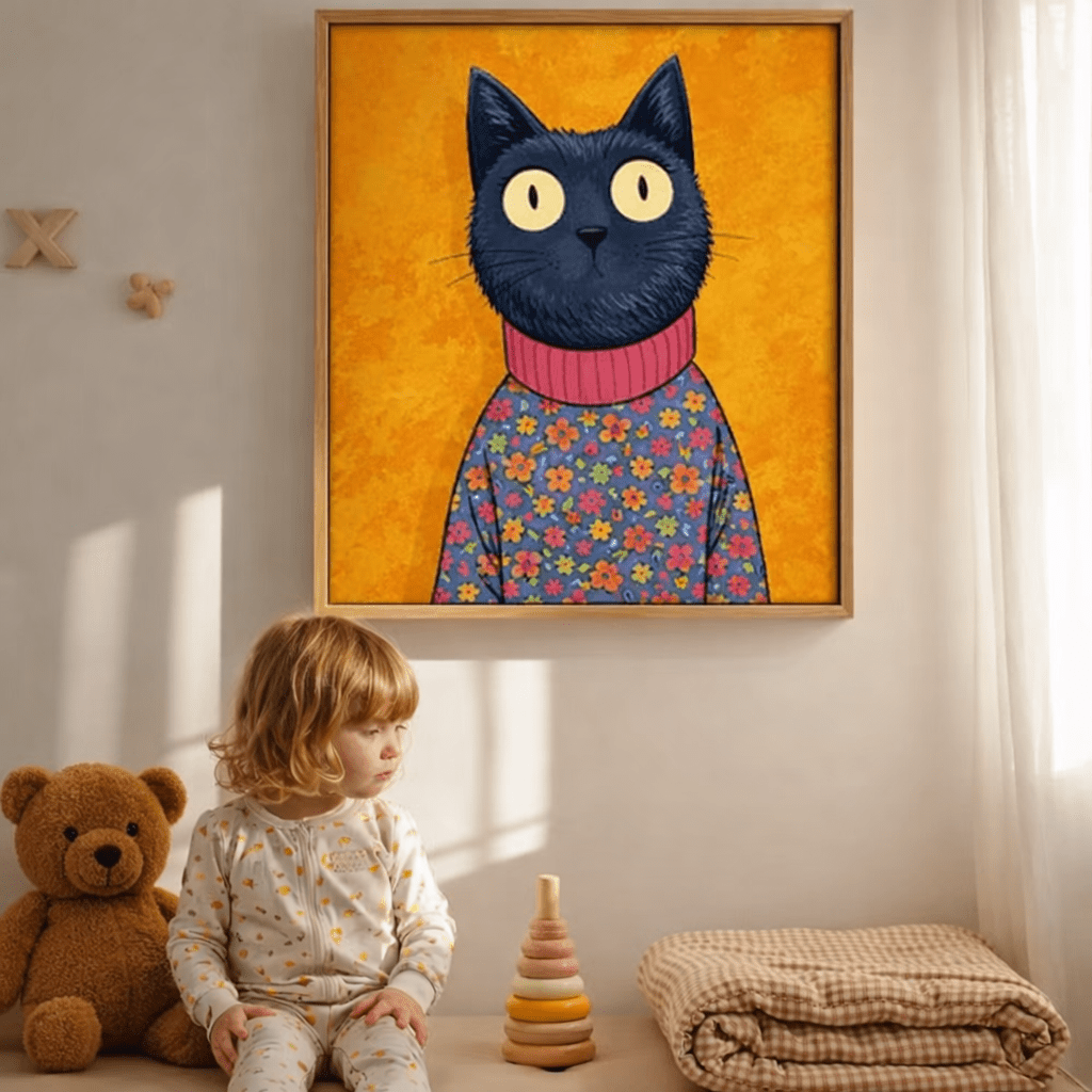Cat Canvas Print Art – Colorful Whimsical Feline Portrait Wall Art for Modern Decor | Rossetti Art modern abstract canvas wall art by Rossetti Art – luxury interior design artwork for living room, bedroom, office – canvas print art Chiara Rossetti kids
