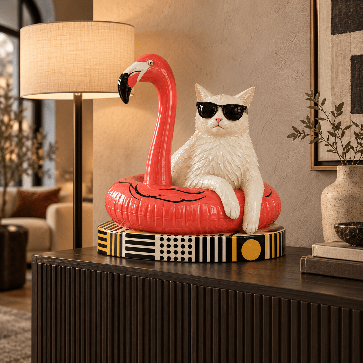 Cat sculpture styled on a console table beside a floor lamp – Cat on the Beach by Rossetti Art